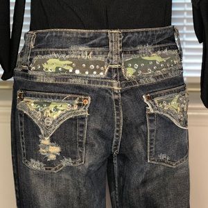Miss Me camouflage denim jeans w/ crystal detail.